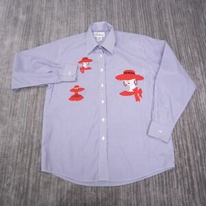 Fabrizio Button Up Shirt Women Medium Blue Pinstripe Excellent Embroidered Art